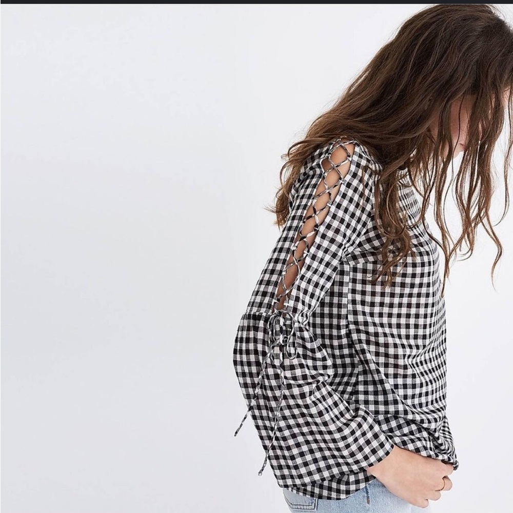 MADEWELL Gingham Lace-up bell Sleeve Short Scoop neck 3/4 Sleeve Size XS